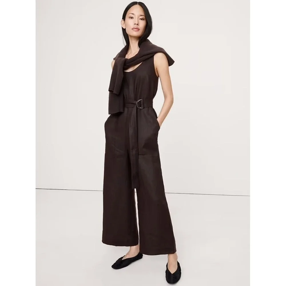 Banana Republic Black 100% Linen Wide Leg Jumpsuit Petite 12‎ Scoop Neck Pockets